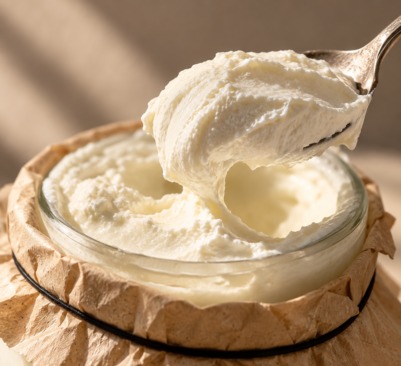 Ein Löffel mit dichtem, cremigem Schafjoghurt